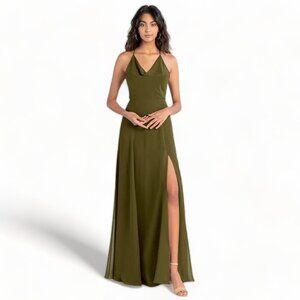 JENNY YOO Lissa Olive Cowl Neck Chiffon Halter Dress Size 14 NEW Retail $285